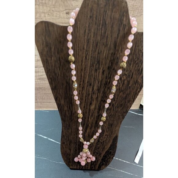 vintage Pink Beaded Necklace Gold Accents  Dangling Pendant 22 Lobster Clasp - Picture 3 of 9